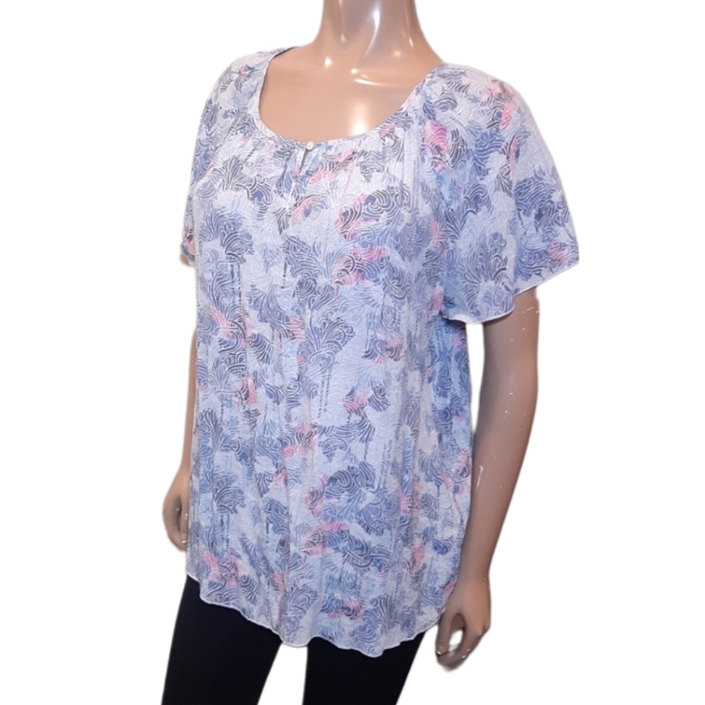 Northern Reflections Ruffle Sleeve Top Abstract Sheer Blue Pink Size Large